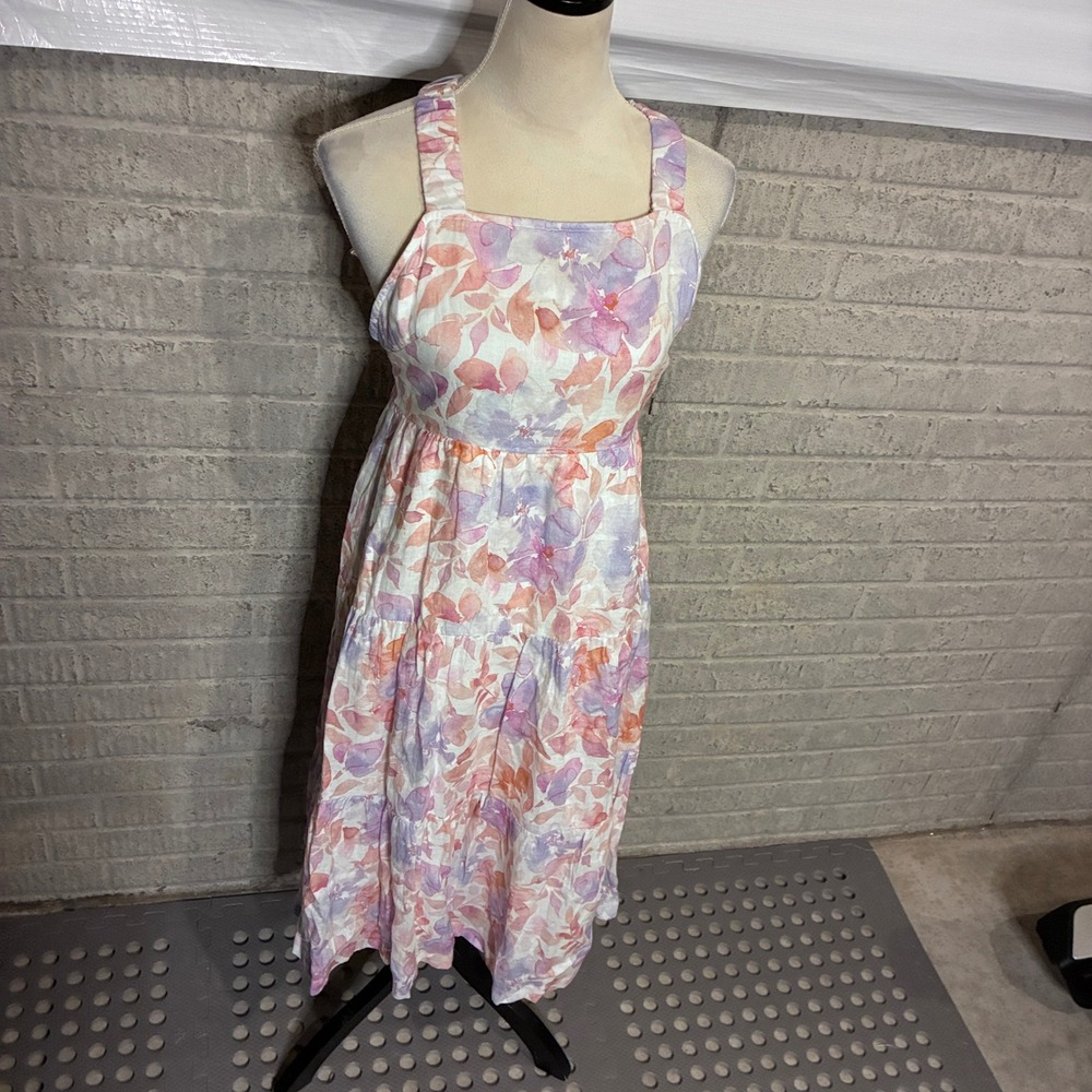 New Bella Dahl Scrunch Strap Tiered Midi Dress Peach Jardin Floral XS